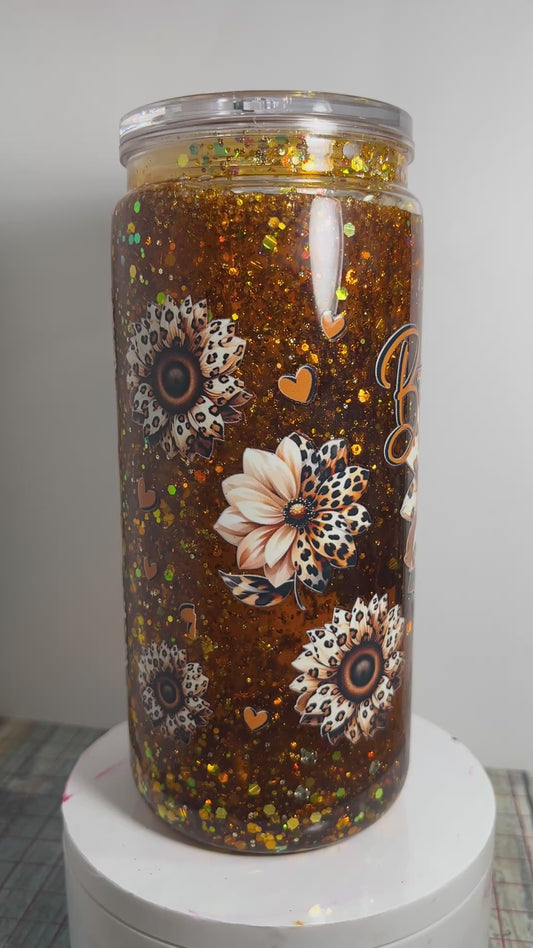 #SG020 - 20oz Snowglobe Acrylic Tumbler / Western Theme / Medium Flow / Decals: Leopard Daisy Flowers with Text:  “Be The Best Version Of You”