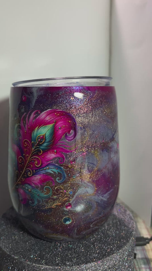 #351 - 12oz Wine Tumbler / Ink Swirl with Mardi Gras Feather and other Embellisments