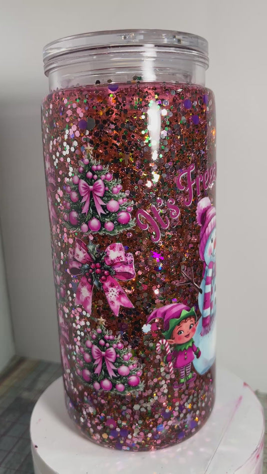 #SG016 - 20oz Snowglobe Acrylic Tumbler / Pink Christmas Theme / Suspended Flow / Decals: Snowman, Trees, Presents, Bows