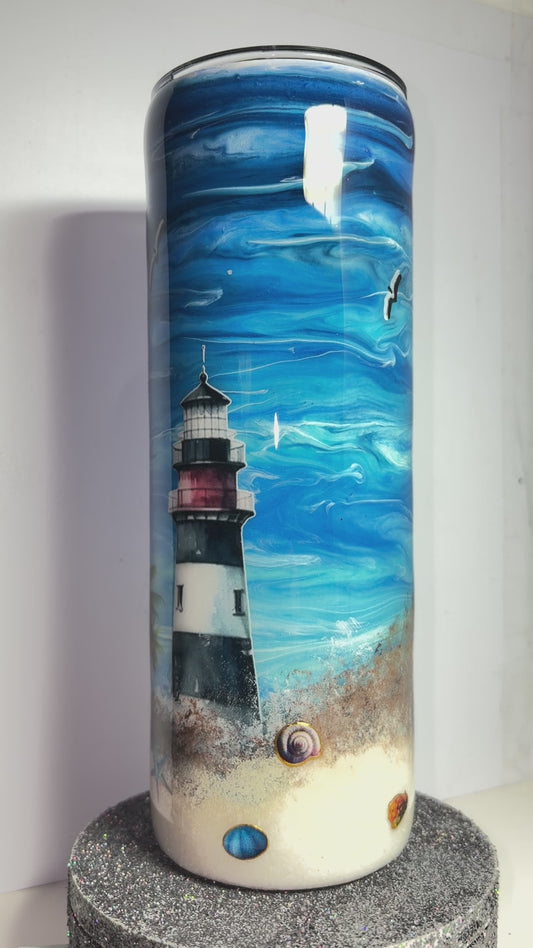 #403 - 20oz Skinny Tumbler / Ocean with Lighthouse Theme