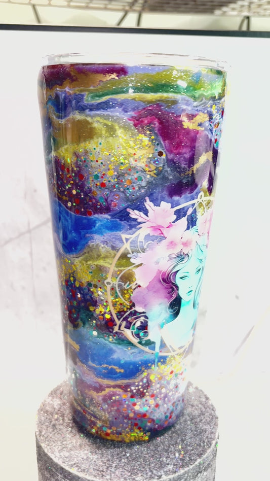 #412 / 32oz Tapered Tumbler / Ink Drop with Multi-Colored Feather and Boho Decal