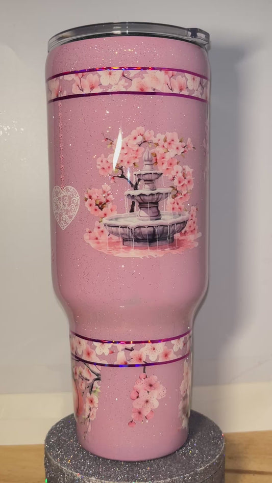 #380 - 40oz Curve Tumbler - Asian Theme with Cherry Blissoms - With or Without Slide On Handle