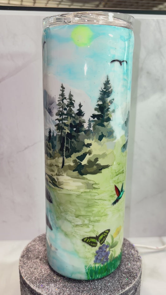 #411 - 20oz Skinny Tumbler / Back Country Theme / Partial Center Decal with Surrounding Area Hand Painted to Match