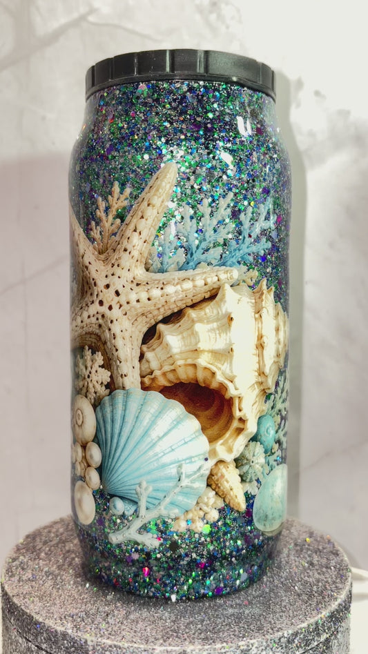 #414 - 12oz Soda Can / Summer Beach Theme / With Glitter Base / Text: "Summer" / Decal: Shells & Starfish