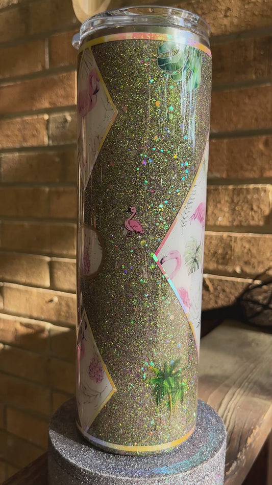 #369 - 30oz Skinny Tumbler / Flamingos & Glitter
