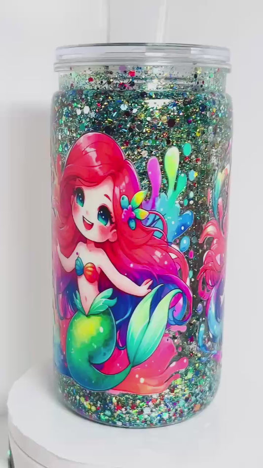 #SG003 - 16oz Snowglobe Acrylic Tumbler / Glitter / Mermaids / Ocean Theme