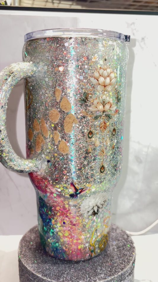 #409 - 24oz Travel Mug with Handle / Geode & Silver Glitter Base with Gold Accents, Butterflies, Flowers / Text: Bloom with Grace