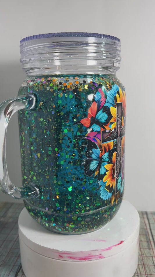 #SG019 - 20oz Snowglobe Acrylic Mug Tumbler with Handle / Faith/Religious Theme / Medium Flow / Decals: PRAY On It, PRAY Over It, PRAY Through It & (2) Cross with Flowers