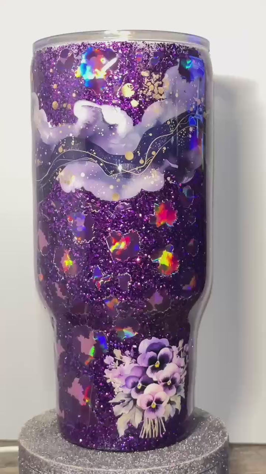 #386 - 32oz Travel Mug with Handle / Purple Waves & Crystals