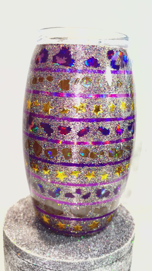 #410 / 15oz Barrel Tumbler / Ivory Bow and Glitter Base with Metallic Purple Lines and Gold & Purple Embellishments