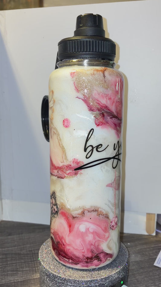 #365 - 40oz Duo Hydro Bottle with Dual Lids / Marble with Text "be yourself"